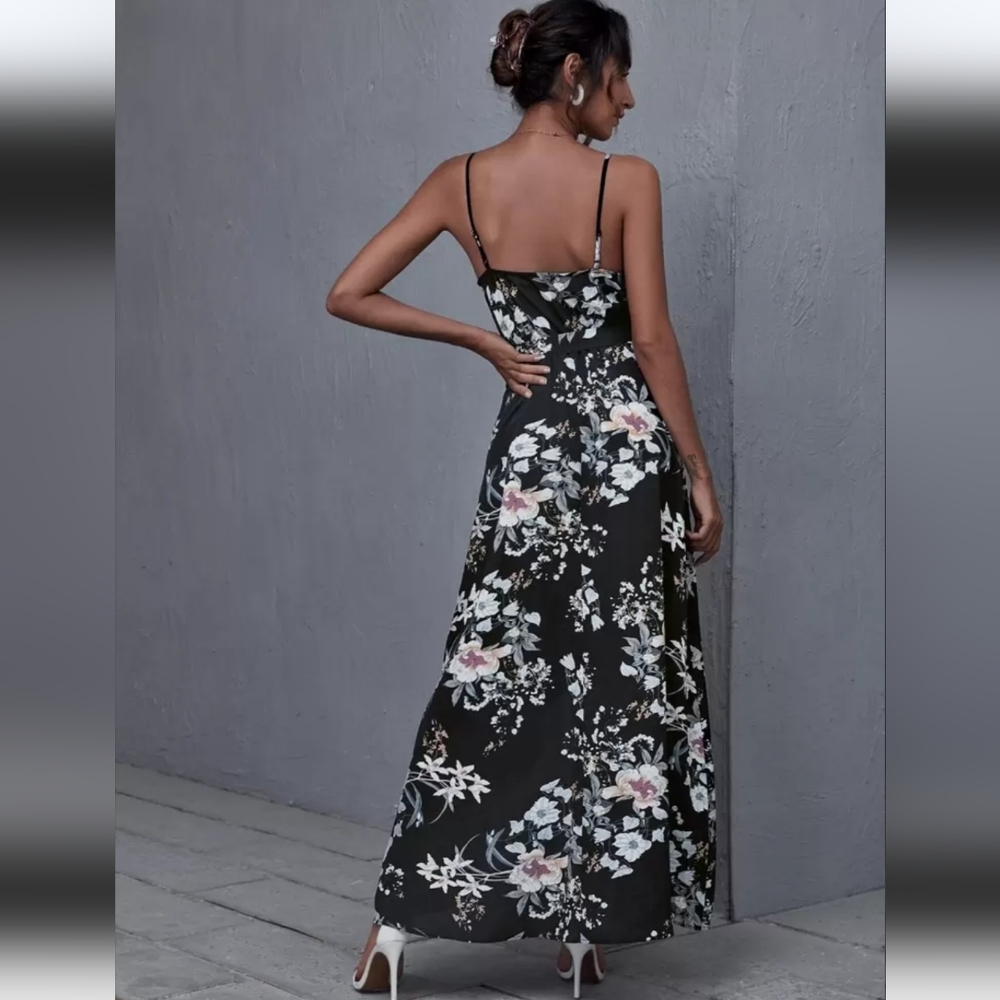 NWT Wrap Black Floral Cami Belted Maxi Dress ~SZ MEDIUM - Picture 2 of 10